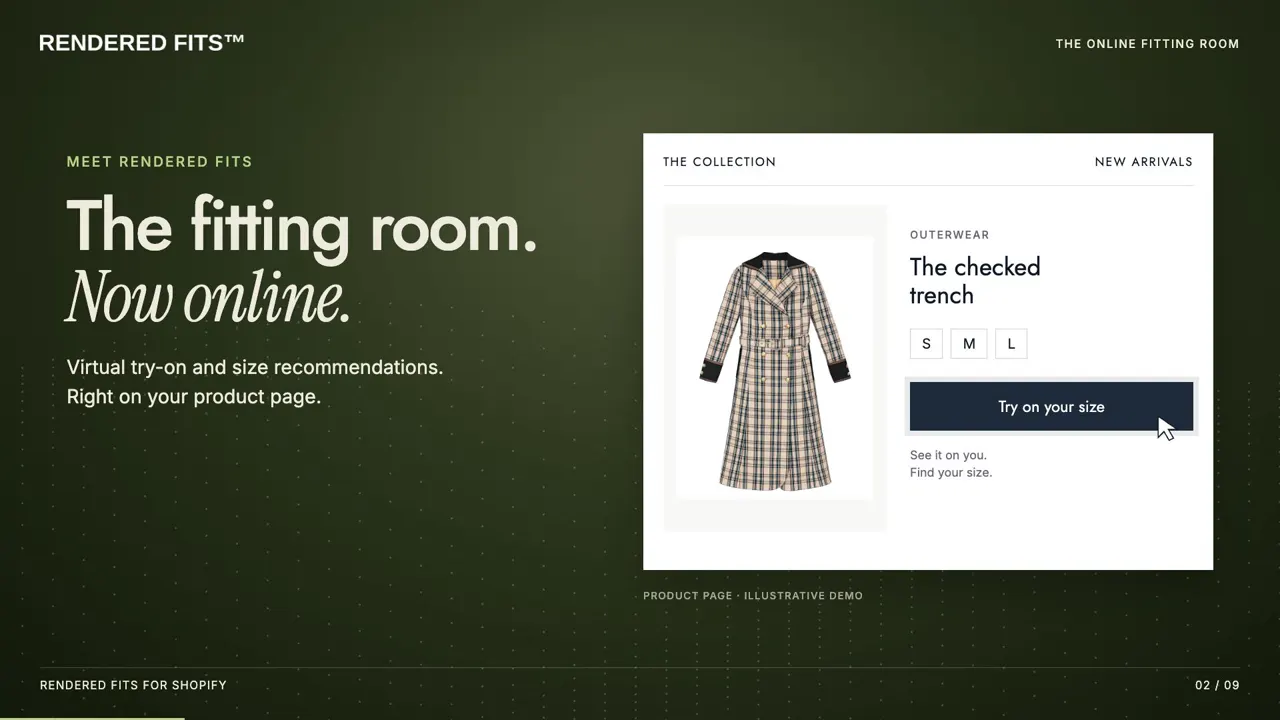 A product page for a checked trench coat with S, M and L size buttons and a Try on your size button added by the app.