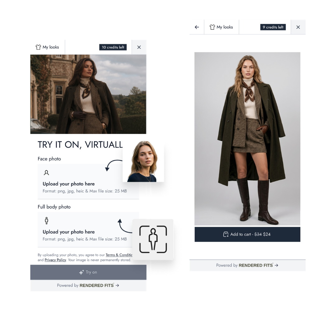 Rendered Fits widget flow — photo upload through to a photorealistic try-on result with add to cart