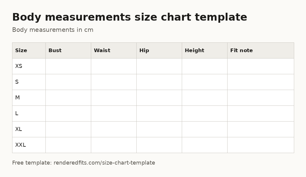 Blank body measurements size chart template with columns for bust, waist, hip, height