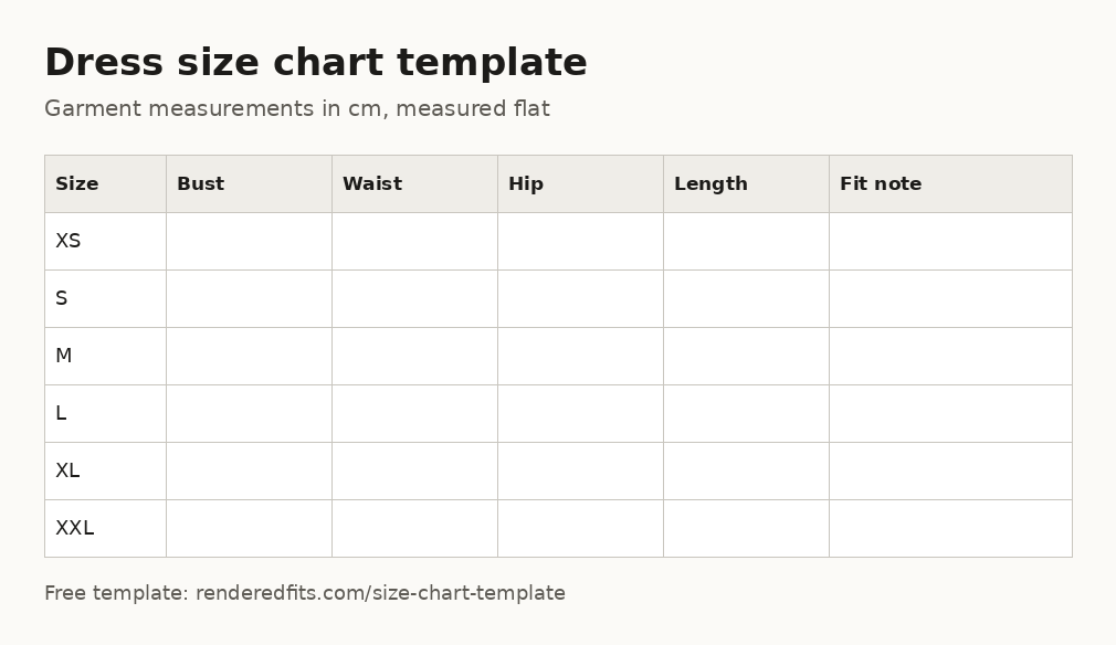 Blank dress size chart template with columns for bust, waist, hip, length