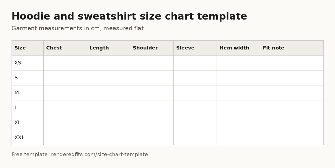 Blank hoodie and sweatshirt size chart template with columns for chest, length, shoulder, sleeve, hem width