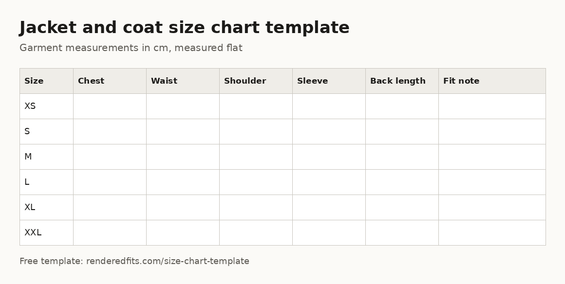 Blank jacket and coat size chart template with columns for chest, waist, shoulder, sleeve, back length