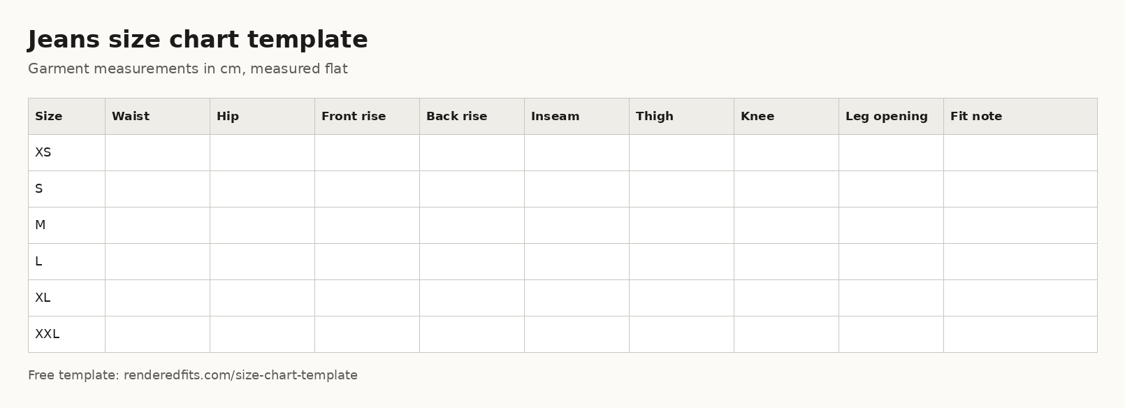 Blank jeans size chart template with columns for waist, hip, front rise, back rise, inseam, thigh, knee, leg opening
