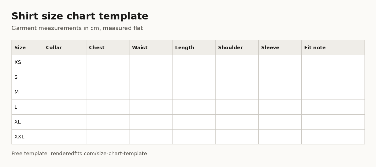 Blank shirt size chart template with columns for collar, chest, waist, length, shoulder, sleeve