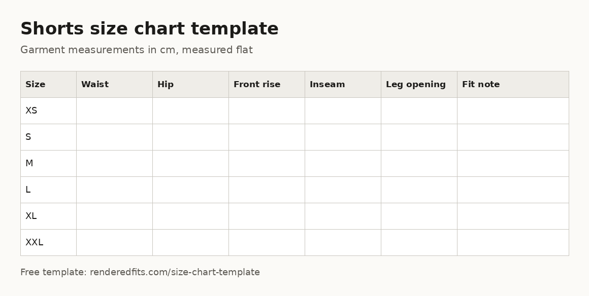 Blank shorts size chart template with columns for waist, hip, front rise, inseam, leg opening