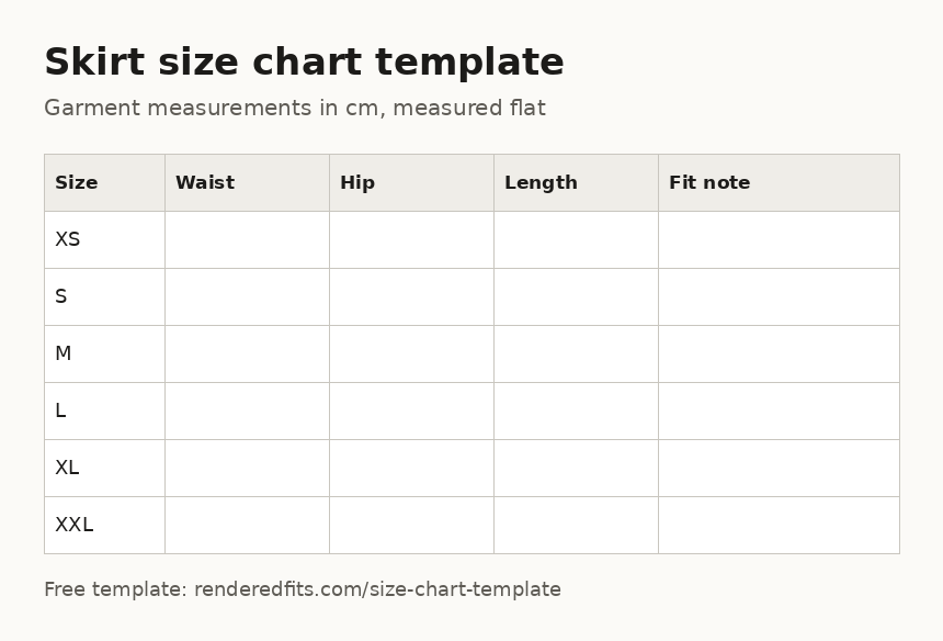 Blank skirt size chart template with columns for waist, hip, length