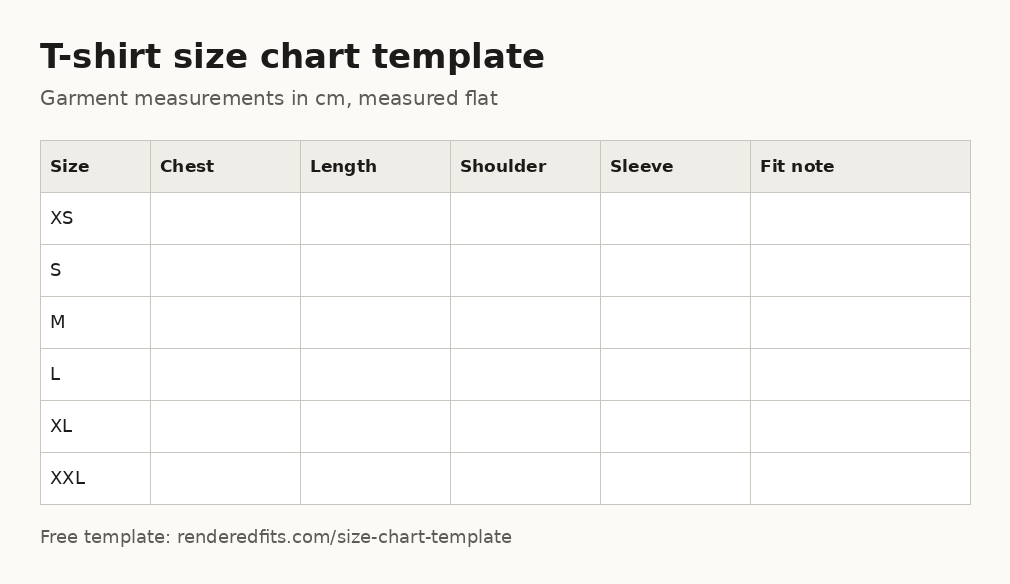 Blank t-shirt size chart template with columns for chest, length, shoulder, sleeve